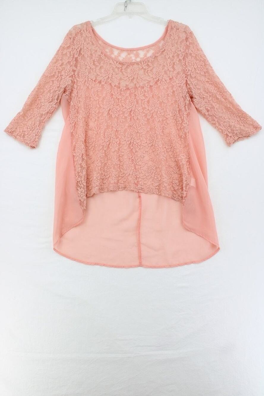Stretch Lace Chiffon Blouse High Low Hem Womens Large Peach Flowy Sheer Y2K